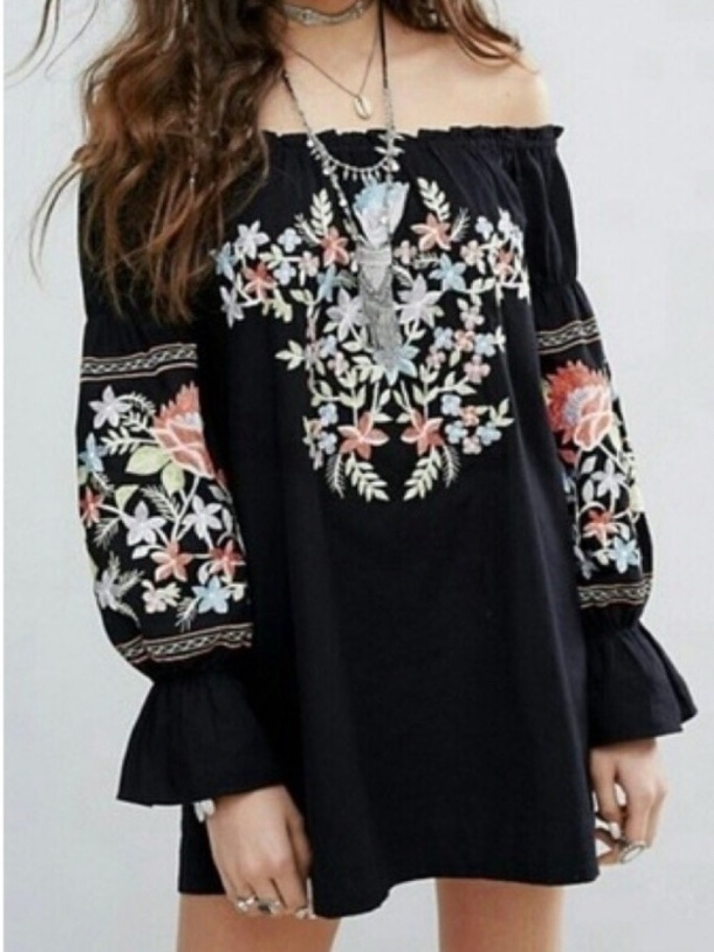 Free People Fleur Du Jour Mini Dress Black Floral Embroidered Off Shoulder S